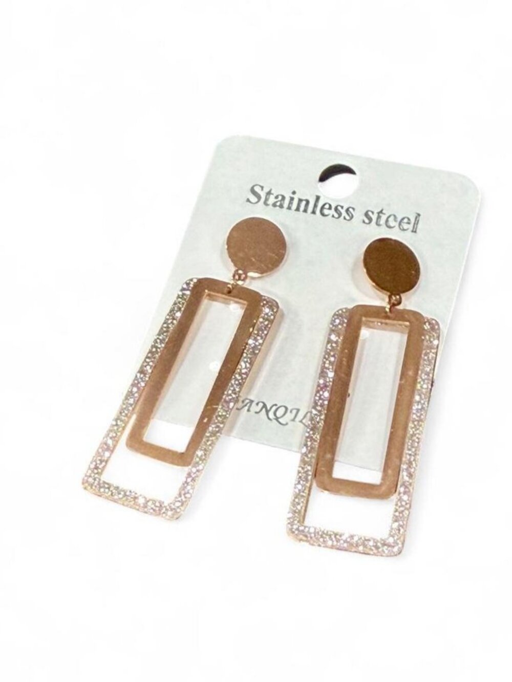 Rose Gold Stainless Steel Rectangle Frame Rhinestone Earrings